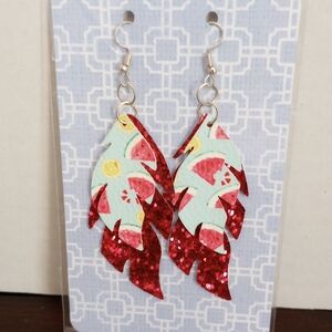 Watermelon Feather Faux Leather Handcrafted‎ New Earrings